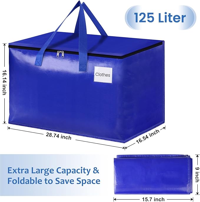 Moving Bags, Storage Bags with Sturdy Handles and Heavy Duty Zippers, Storage Totes for Space Saving, Moving & Storage, Collapsible Moving Supplies(125L, 4-Pack, Blue)