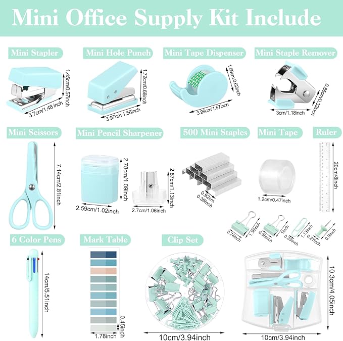 Mini Office Supplies, Turquoise Green School Supplies with Sticky Notes,Mini Stapler,Tape Dispenser,Hole Punch,Staple Remover,Staples,Clips,Scissor,Pen (Green)