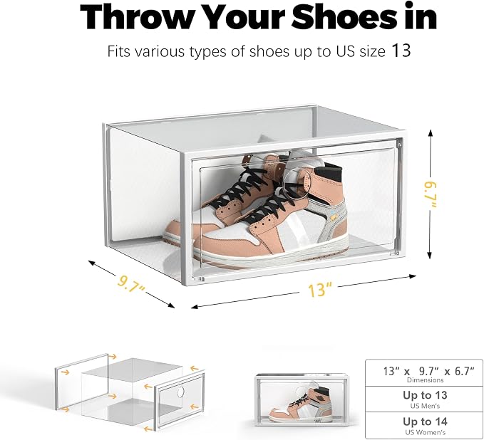SEE SPRING XX-Large Shoe Storage Box Fit Size 13, Clear Plastic Stackable Shoe Organizer for Closet, Space Saving Sneaker Shoe Rack Containers Bins Holders for Entryway, Under Bed, 12 Pack Clear