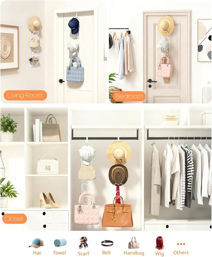 LINFIDITE 10 Pack Hat Rack Hanging Baseball Caps Display Storage Rack Hat Organizer Wigs Rack Over Door Wall Mounted Scarves Handbags Storage Holder for Door, Wall, Closet, Bathroom,White