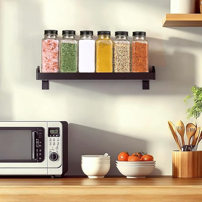ComSaf Glass Spice Jars with with Labels 8 oz 6 Pack Square | Empty Containers, Seasoning Herbs Powders, Salt Pepper Chili, Spice Rack Organization, Kitchen Cabinet Storage