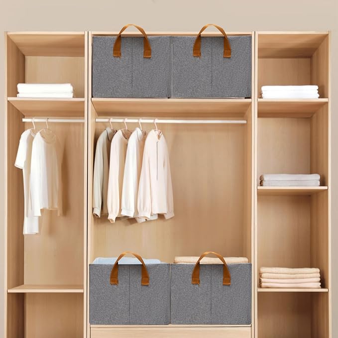 4 Pack Closet Cloth Storage Bins with Handles （ Gray 15''L x 10''W x 8''H）