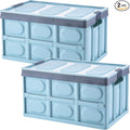 Lidded Storage Bins 2 Pack 30L Collapsible Storage Box Crates Plastic Tote Storage Box Container Stackable Folding Utility Crates for Clothes, Toy, Books ,Snack, Shoe, and Grocery Storage Bin-Blue