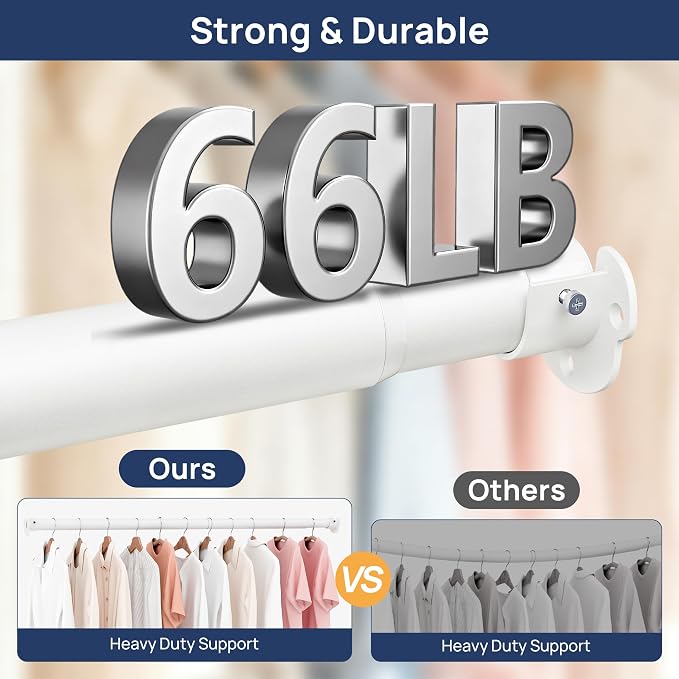 ENJOYBASICS Closet Rods for Hanging Clothes, 17 to 80 Inches Stepless Adjustable Closet Pole, 1.3 Inches Heavy Duty Clothes Rod for Wardrobes, Bathroom, Laundry and Windows, White