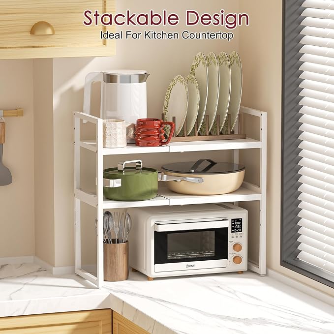 Expandable Kitchen Storage Shelves,100LBS Heavy Duty Metal Shelving Unit For Pot Pans Appliance,Adjustable White Small Shelf Rack Organizer For Kitchen Countertop Under Cabinet Closet Garage Pantry