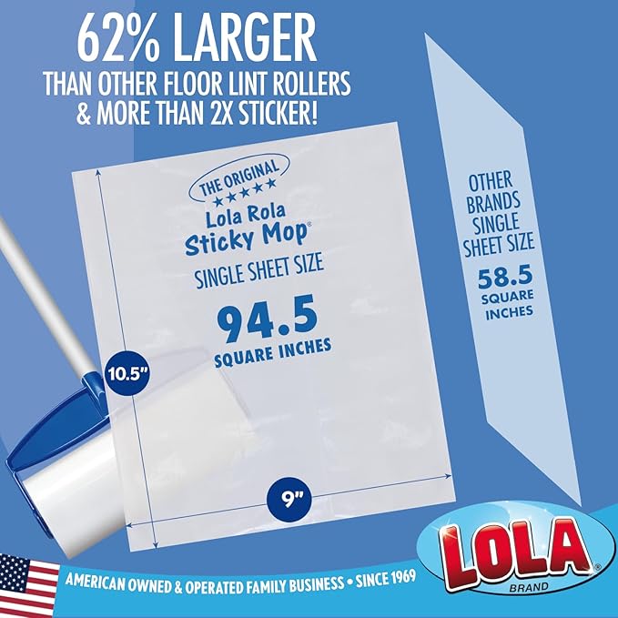 LOLA Rola Sticky Mop Refills, Giant Adhesive Roller, Traps Dirt, Dust & Hair, 30 Sheets, Pet Hair Remover, Floor & Carpet Cleaner, 1 Pack