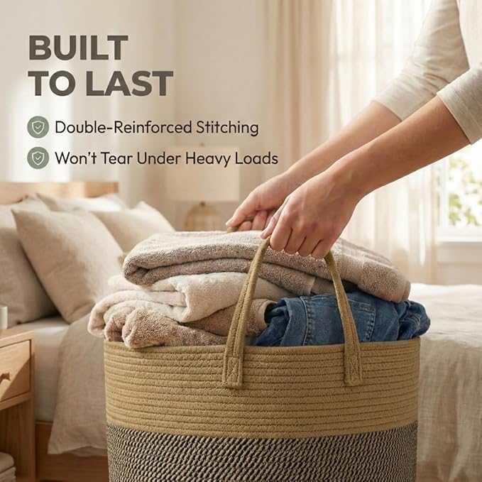 JMvicyroam 65L Extra Large Machine Washable Cotton Rope Blanket Basket | Collapsible laundry hamper, Reinforced handles, For blankets, pillows, toys and clothes, Living room and bedroom, Jute&Black