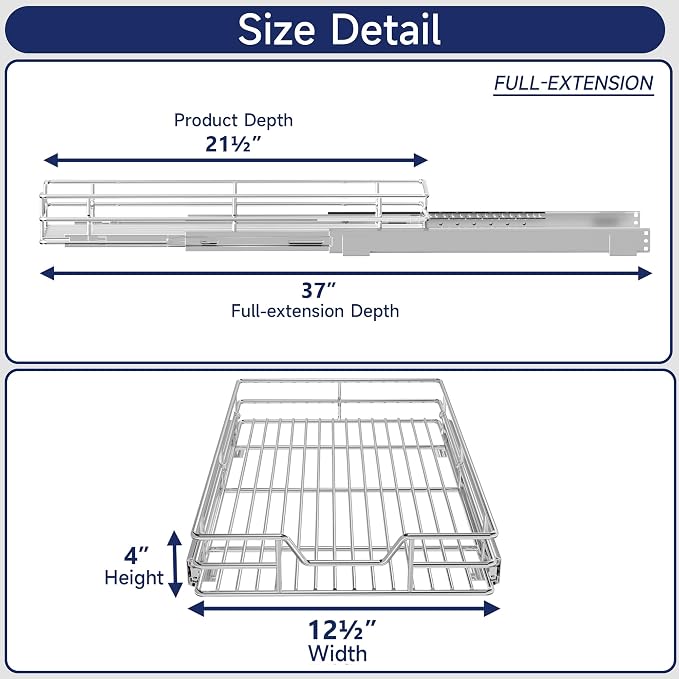 Pull Out Cabinet Organizer, 12.5" W x 21.5" D, Heavy Duty Chrome Slide Out Shelf for Narrow Base Cabinets, Sliding Wire Basket Drawer for Spices, Bottles, Snacks & Cleaning Supplies