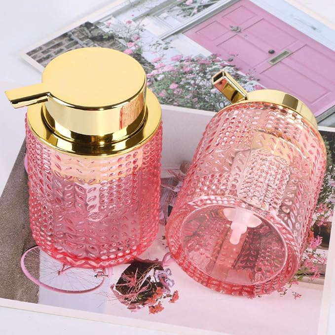 2pcs Glass Foaming Soap Dispenser, Pink Bathroom Foam Hand Soap Dispenser with Gold Pump, Refillable 10 Oz Lotion Shampoo Pump Dish Bottle Container for Bathroom Kitchen Decor