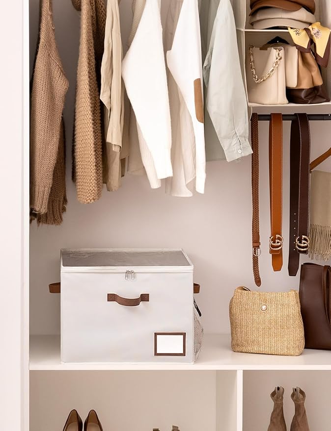StorageWorks Shoe Storage Organizer for Closet, Up to 16 Pairs, Beige | Fixed Compartments, Clear Lid & Label Window, Side Mesh Pocket for Accessories, Soft Handles, Fits Flats, Sandals & Low-Tops