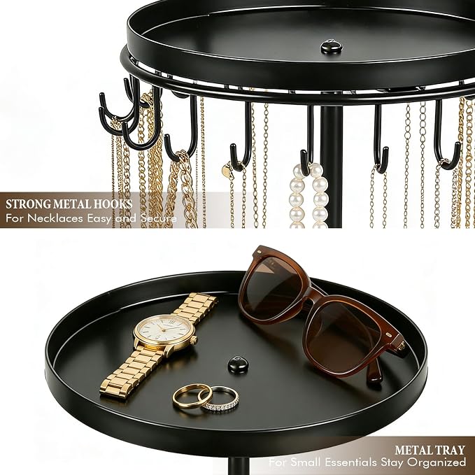 Necklace Holder Metal Jewelry Organizer Stand, Necklace Organizer Hanger with Tray & Hooks for Desk, Jewelry Holder for Necklaces Bracelets and Keychains, Elegant Home Hanging Decor - Black