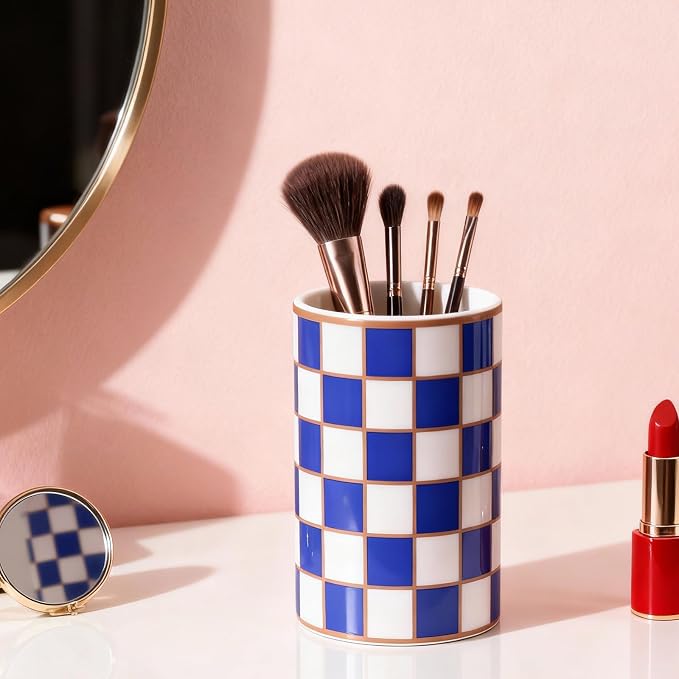 Ceramic Checkered Pen Holder For Desk,Cute Stand Black And White Pencil Cup,Durable Ceramic Pencil Cup, Decorative Makeup Brush Holder Cup, Stationery Holder for Office, School, Home (Blue)