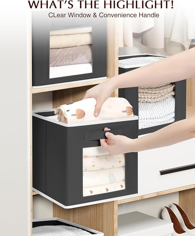 Homsorout Foldable Storage Cubes - Cubby Storage Organizer with Window, Decorative Baskets for Organizing, Fabric Bins for Clothes Storage, Closet Storage Cubes-11inch, 8 Pack, Black