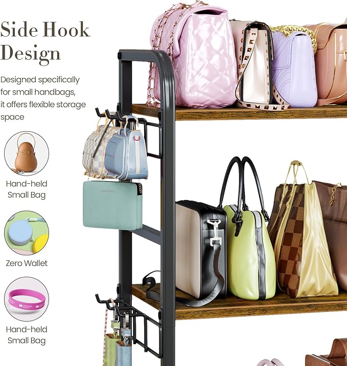 Purse Organizer for Closet, with Bottom Drawer, Extra Large Capacity 3 Tier Handbag Storage Rack for Women, 10 Purse Hanger and Hooks for Bag Organizer, Floor-Standing, Home, Living Room (Black)