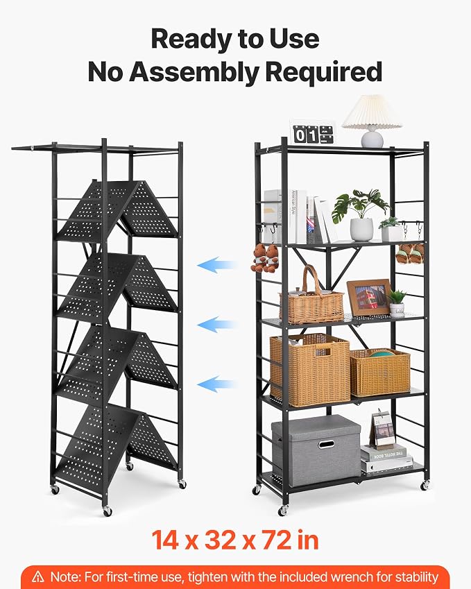 VEVOR 5-Tier Foldable Storage Shelf, 32W x 14D x 72H Inch Folding Metal Rack Shelving Unit, Heavy Duty No Assembly Organizer Shelf with 5 Wheels & 4 Hooks for Pantry, Kitchen, Garage, Basement, Black