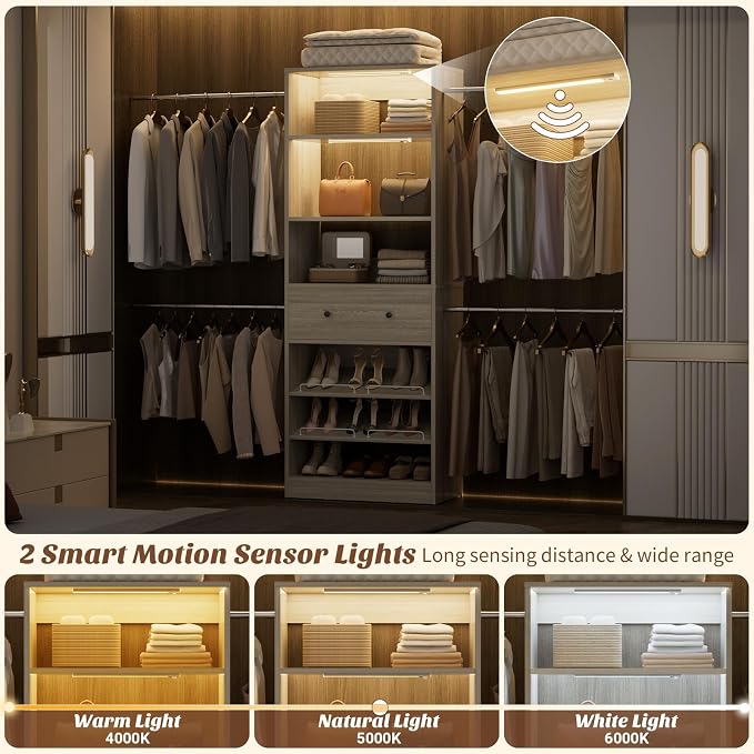Armocity Wood Closet Organizer System with Sensing Light - 4FT-9FT Expandable Wardrobe Closet with Drawer & 4 Hanging Rods, Heavy Duty Walk-in Closet 1000Lbs for Bedroom Walk-in Closet, White Oak