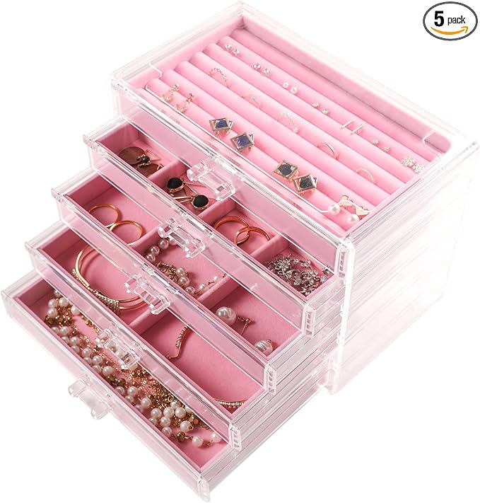 Frebeauty Extra Large Acrylic Jewelry Box for Women 5 Layers Clear Jewelry Organizer Velvet Earring Box with 5 Drawers Rings Display Case Necklaces Holder Tray for Women Girls(Pink) | Jewelry Storage for Rings Earrings Bracelets,Dustproof,Velvet Lining...