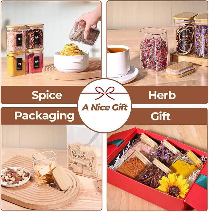ComSaf Spice Jars 8oz Set of 6, Small Seasoning Containers with 9 Labels | Glass Spice Jars With Labels, Rectangle Small Jar, Spice Rack Organization, Loose Tea, Herbs, Powders, Dry Goods, BPA Free