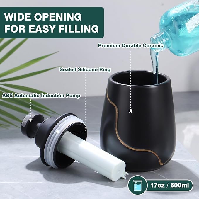 BosilunLife Ceramic Touchless Soap Dispenser Rechargeable Black 17 oz | Black Ceramic Touchless Soap Dispenser Infrared Sensor 0.25s Auto Pump USB-C Rechargeable 1800mAh 17 oz Wide-Mouth Refill