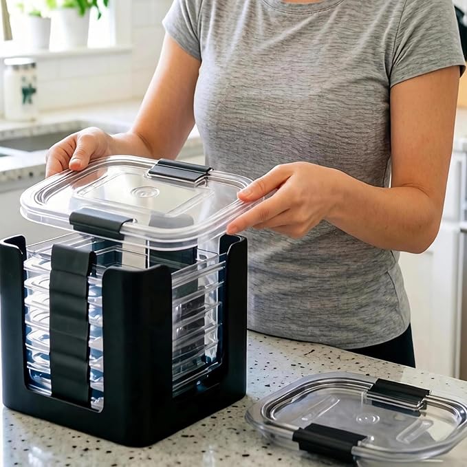 4 Pcs Lids Organizer for Rubbermaid Brilliance Lids | Stack-able Lid Storage, Holds 4.7 Cup, 3.2 Cup & 1.3 Cup Food Containers, Inside Cabinet