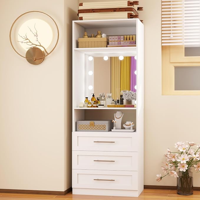 Closet System with 3 Drawers, Mirror with Lights,2 Shelves,4 Rods, 2FT–9FT | Custom Modular Organizer, Built-In LED Mirror, 3 Light Modes,4 Adjustable Rods, Freestanding, White