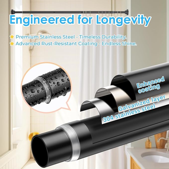 Black Spring Tension Curtain Rods Shower Curtain Rod for Bathroom, Shower Rod 42-98 Inch Adjustable,Spring Tension Curtain Rods, Rust-Resistance, Non-Fall Down, No Drilling