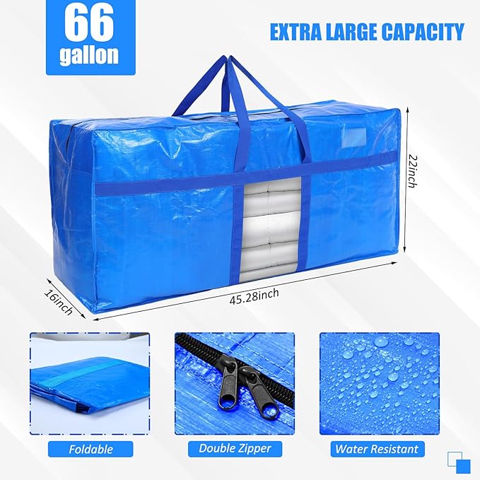 4 Pack 66 Gallon Extra Large Moving Bags with Visible Window XXL Heavy Duty Storage Bag Jumbo Big Tote for College Dorm Clothes Blankets Space Saving Alternative to Moving Boxes(Blue)