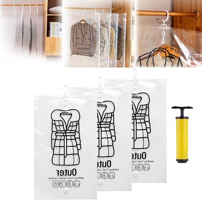 FETNHU Hanging Compressible Storage Bag, Hanging Vacuum Storage Bags with Pump, Reusable Space Saver Vacuum Storage Bags for Home Closet Organization Compression Seal (3PCS,L 67 x 110cm)