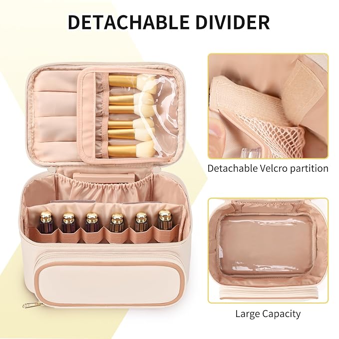 OCHEAL Makeup Bag, Multifunctional Large Cosmetic Organizer Toiletry Brushes Storage Case for Women Girls with Handle Divider - Beige