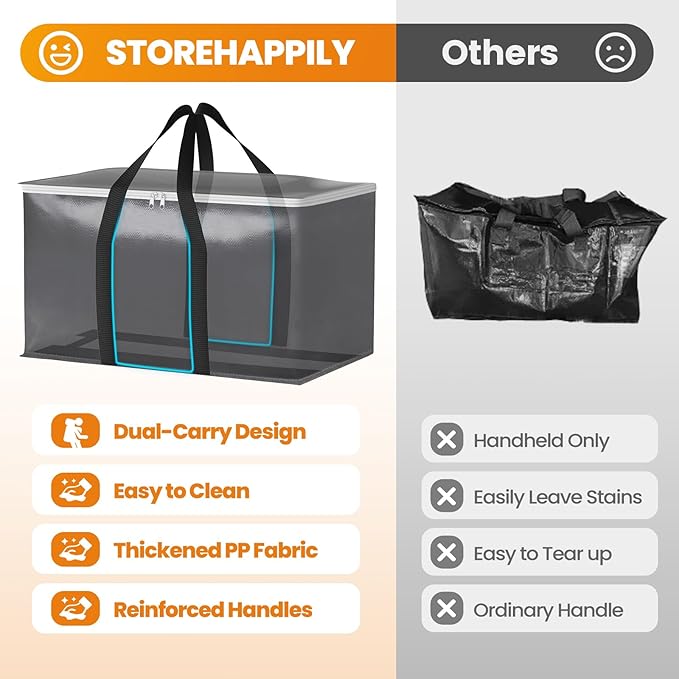 StoreHappily Heavy-Duty & Extra Capacity Moving Bags with Backpack Straps, Storage Totes with Double Zipper & Strong Handles, Packing Bags Alternative to Moving Boxes, Moving Supplies (8 Pack, Black)