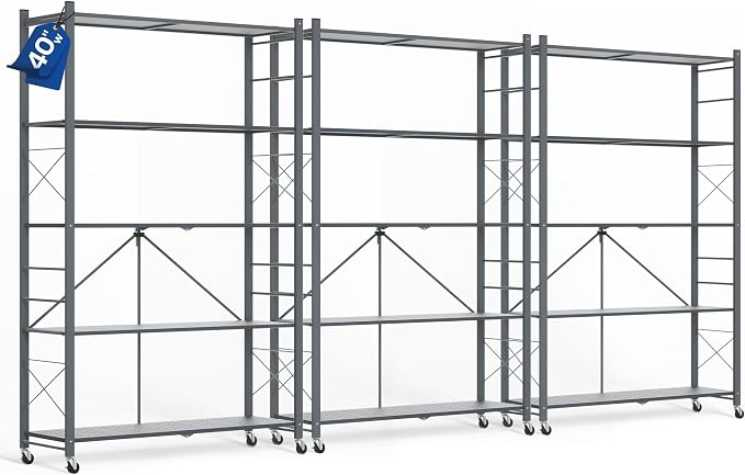 ALANNG 40" W Foldable 5-Tier Storage Shelves on Wheels Adjustable | Removable Metal Rack, Heavy Duty Rolling Organizer for Kitchen, Garage, Closet, Pantry, and Office (Grey,1 Pack)