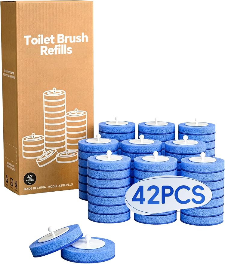 Disposable Toilet Brush System, Toilet Bowl Cleaning Wand with Lift-to-Open Refill Case, Blue Refill Heads and Freestanding Holder, 42 Count Blue Refills Only, No Wand or Holder