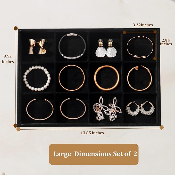 Large Stackable Jewelry Tray 4 Pack Velvet Jewelry Display Drawer Inserts Trays Organizer for Earring Bracelet Necklace Ring (Black, 12 Grids)