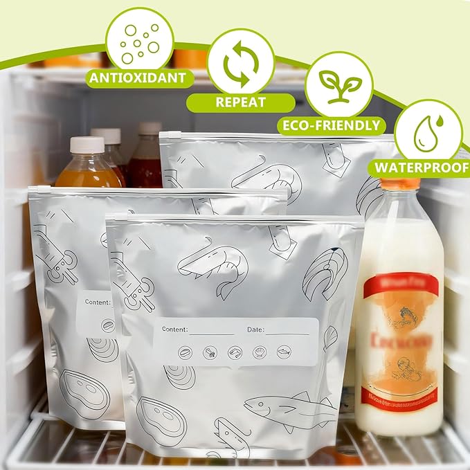 Aluminum Foil Food Storage Bags, Reusable Freezer Bags for Refrigerator, Stand Up Airtight Vacuum Sealer Bags, Heavy Duty Smell Proof Lock Freshness, Perfect for Meat, Vegetables (30, Large)