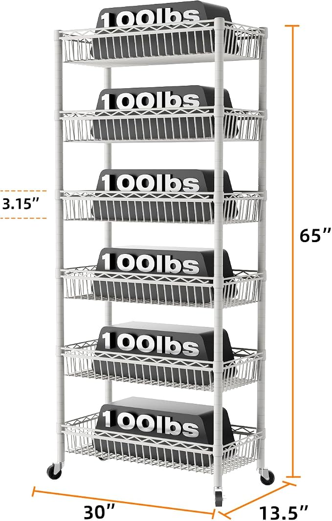 SINGAYE 6 Tier Shelf Wire Shelving Adjustable Storage Shelves Basket Rack | Adjustable Shelves with Wheels Metal Storage Unit Closet Bathroom Organizers Pantry Kitchen Garage Laundry Room White