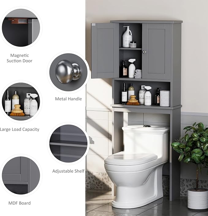 Over the Toilet Storage Cabinet, Bathroom Storage Cabinet Over Toilet with 2 Wood Doors, Freestanding Space Saver, Adjustable Shelf & Open Shelf, Grey