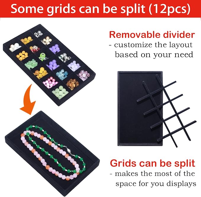 12 Pack Velvet Jewelry Drawer Organizer Trays Stackable Jewelry Storage Inserts Set Jewelry Tray for Earring Necklace Rings Bracelet with Removable Dividers for Dresser & Vanity,Black