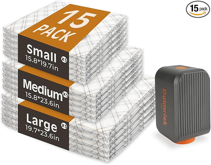 Travel Vacuum Storage Bags with USB Electric Pump, 15 Pack Compression Seal Bags for Luggage and Suitcase, Space Saver for Clothes and Clothing
