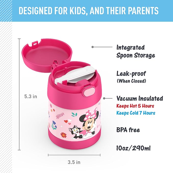THERMOS FUNTAINER Insulated Food Jar, 10 Ounce, Kid Friendly Food Jar with Foldable Spoon, Preschool Minnie