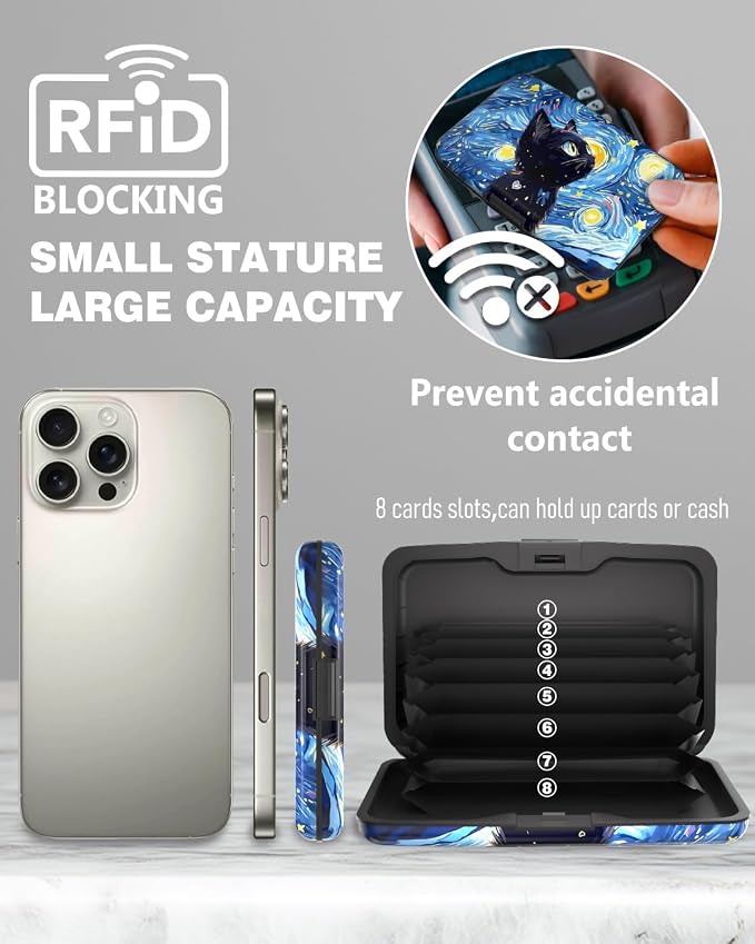 Maicican Credit Card Holder, Mini RFID Blocking Aluminum Wallet | Slim Metal Hard Case Travel Wallet ID Case for Women and Men, 4.3 x 2.9 Inches, Starry Sky and Black Cat