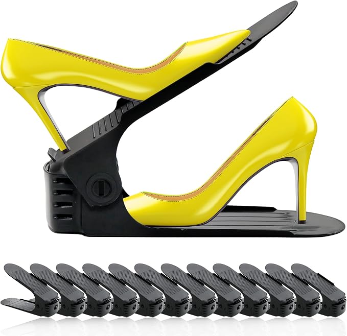 NVGSN Shoe Slots Organizer 12 Pack - Stackers for 24 Shoes, Space Saving 50%, 4 Levels Adjustable, Black