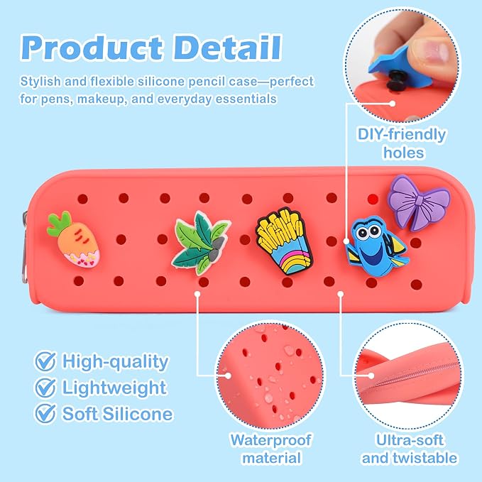 BestStone Silicone Small Pencil Pouch – Small Pencil Case with DIY Holes and 10 Decorative Charms, Multipurpose Makeup Bag or Stationery Organizer, Large Capacity(Blue)