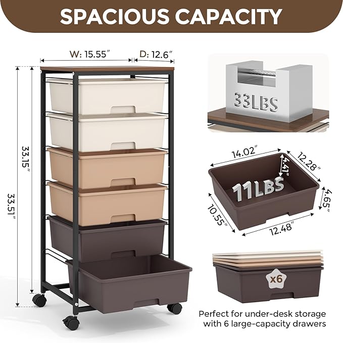 6 Drawer Rolling Storage Cart with Wooden Top and Wheels for Crafts,Brown | Easy Setup, Large Capacity, Sturdy Build, Lockable Mobility, For office, classroom and art studio supplies