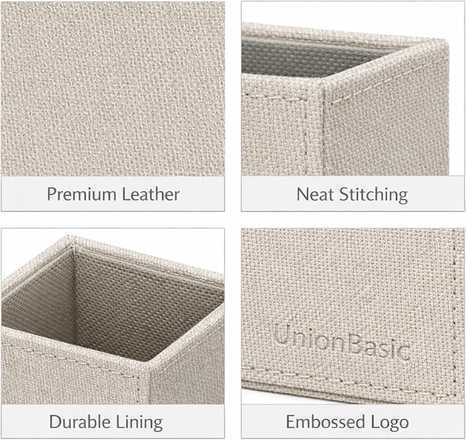 UnionBasic Square Pen Holder, Leather Pencil Cup, Desktop Caddy Stationery Organizer, Beige