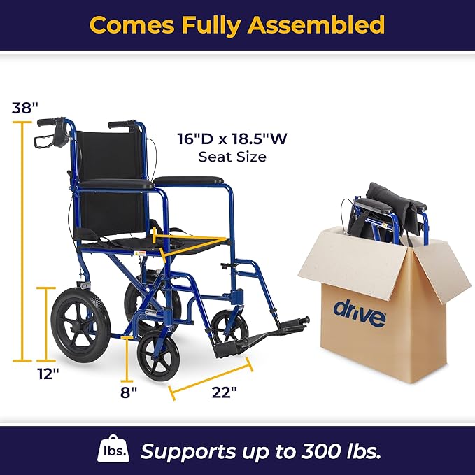 Drive Medical Lightweight Expedition Folding Transport Wheelchair with Hand Brakes - Portable Support - Large Rear Wheels - Compact Folding - Comfortable Design - Blue