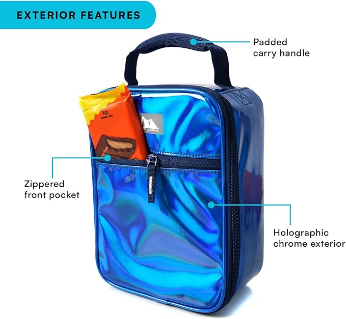 Arctic Zone Chrome Lunch Box Combo for Kids with Gel Ice Pack and Sandwich Container, Insulated Bag for Travel Lunch, Midnight