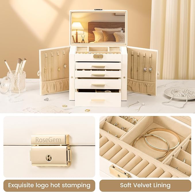 Synthetic Leather Huge Jewelry Box Mirrored Watch Organizer Necklace Ring Earring Storage Lockable Gift Case (White)