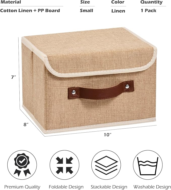 Storage Boxes with Lid Cotton Linen Fabric Storage Bins Organizer Container Decorative Collapsible Washable Shelf Baskets Faux Leather Handles for Home Bedroom Closet (Linen, Small)