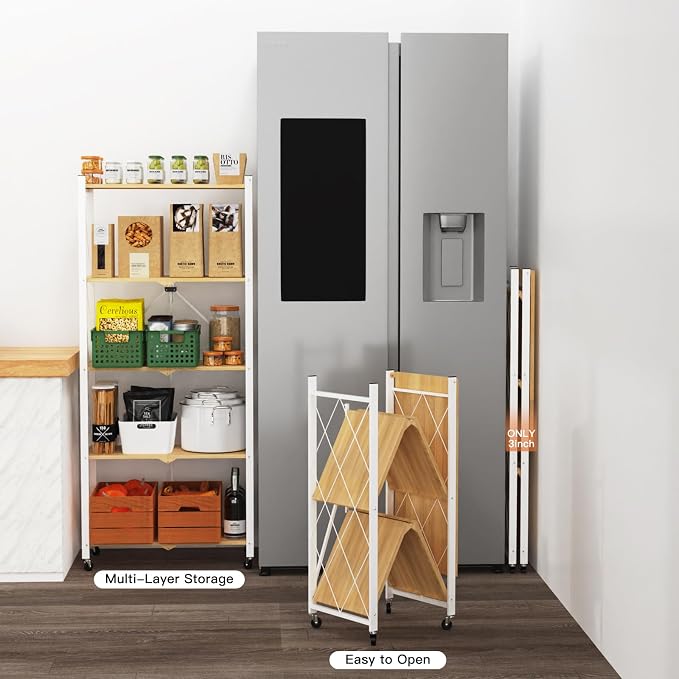 5 Tier Folding Storage Shelves with Wheels, Foldable Bookshelf No Assembly Collapsible Shelf Heavy Duty Rolling Shelving Unit for Kitchen Bedroom Living Room (White, 27.9"x 13.3"x 62.6")