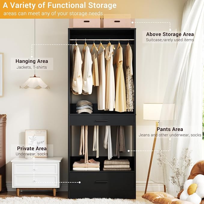 Homieasy Closet System Organizer with Hanging area, Pants Rack & Drawer – Expandable & Sturdy Modular Closet Storage Unit, Customizable Wardrobe Organizer for Bedroom or Walk-In Closet, Black